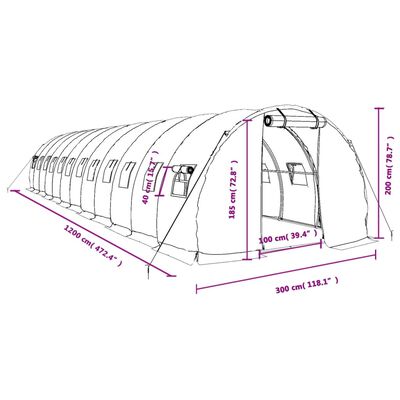 vidaXL zöld acélvázas melegház 36 m² 12 x 3 x 2 m