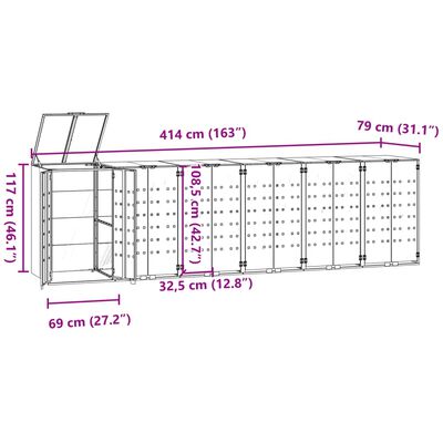 vidaXL szürke acél kerekes tároló 6 szemeteskukához 414 x 79 x 117 cm