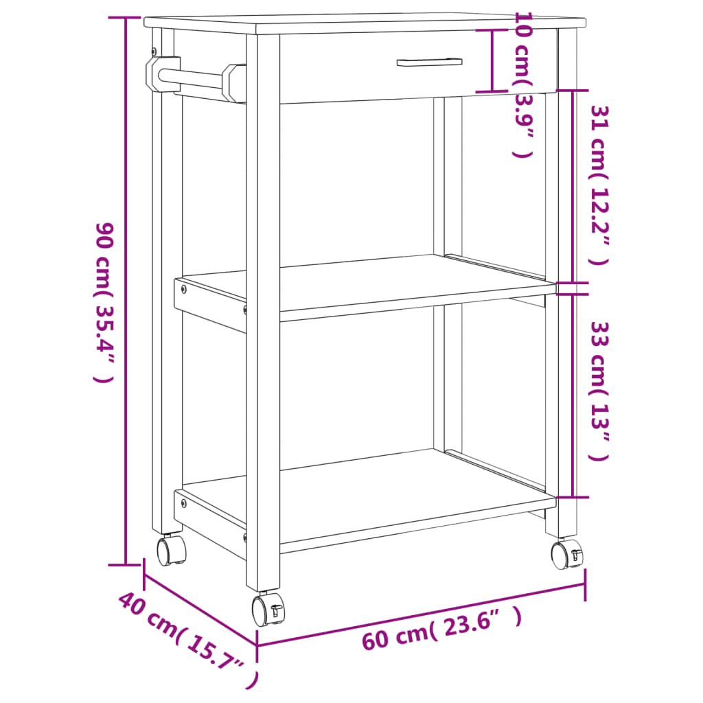 vidaXL MONZA tömör fenyőfa konyhai kocsi 60 x 40 x 90 cm