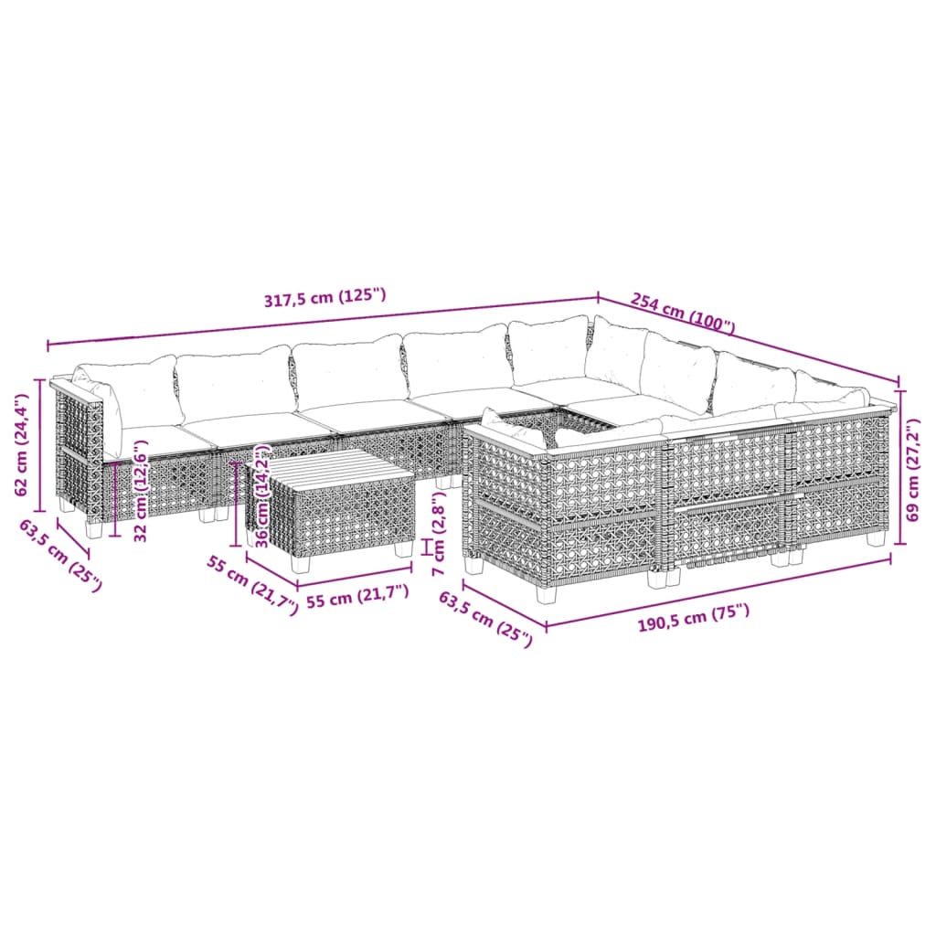 vidaXL 11 részes fekete polyrattan kerti ülőgarnitúra párnákkal