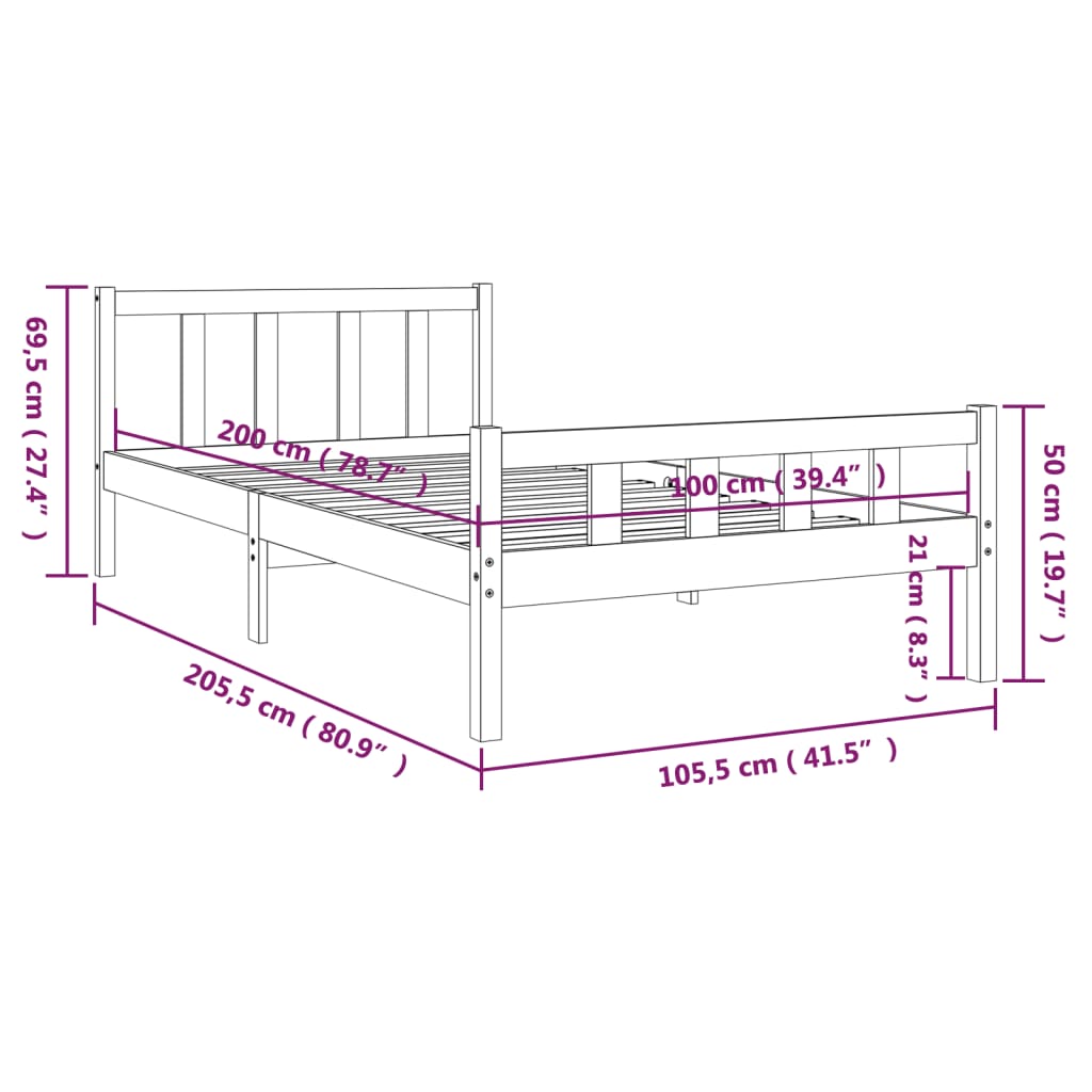 vidaXL fekete tömör fa ágykeret 100 x 200 cm