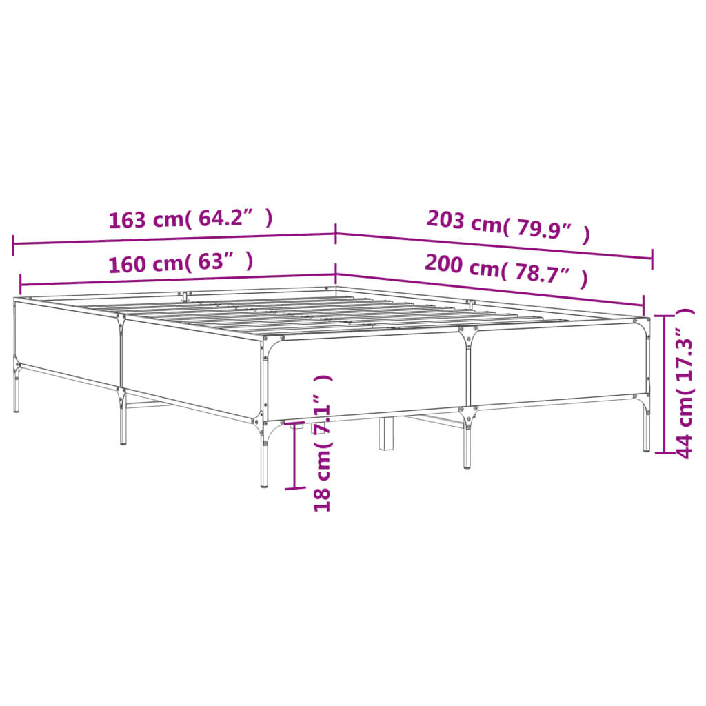 vidaXL szürke sonoma szerelt fa és fém ágykeret 160 x 200 cm