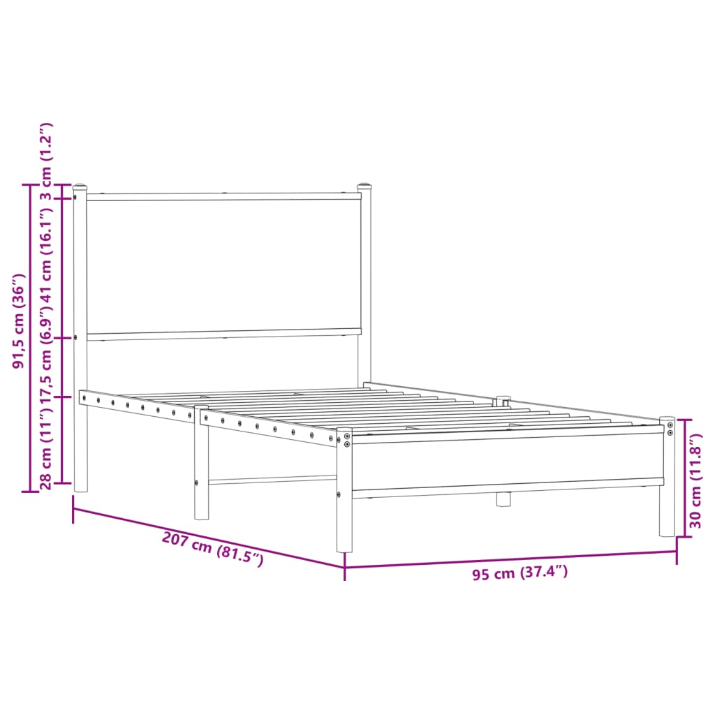 vidaXL barna tölgy színű fém ágykeret fejtámlával 90 x 200 cm