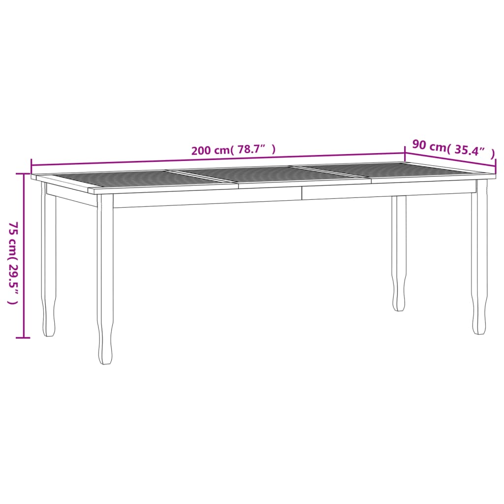 vidaXL tömör tíkfa kerti étkezőasztal 200 x 90 x 75 cm