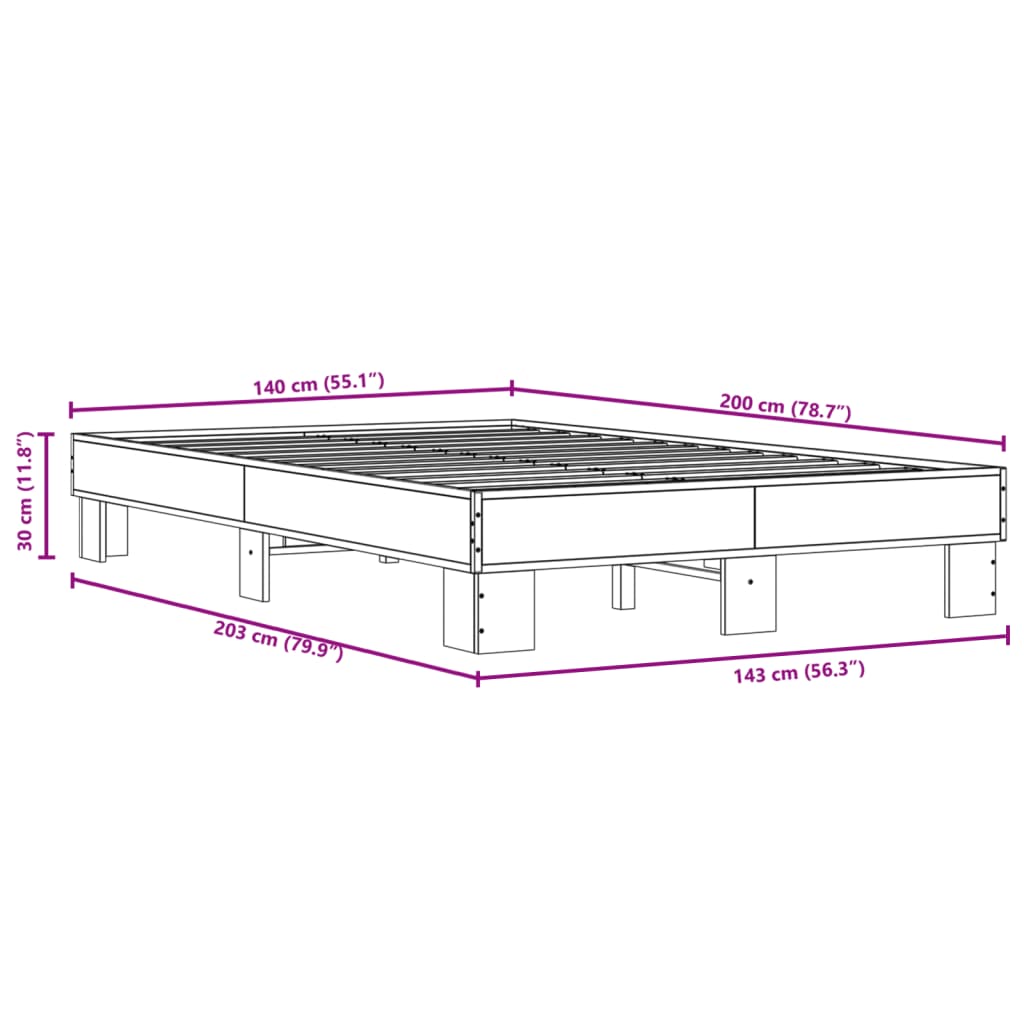 vidaXL füstös tölgyszínű szerelt fa és fém ágykeret 140 x 200 cm