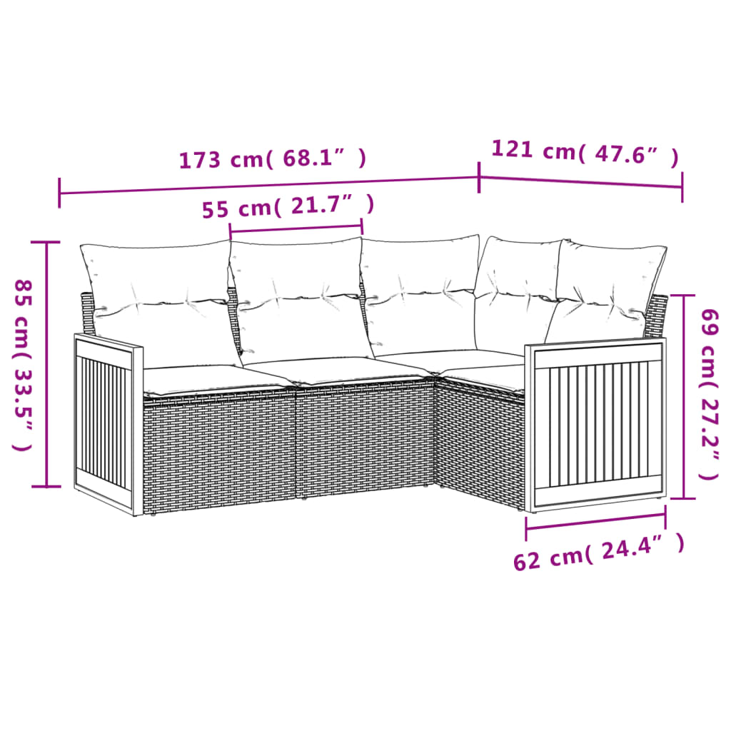 vidaXL 4 részes fekete polyrattan kerti ülőgarnitúra párnákkal