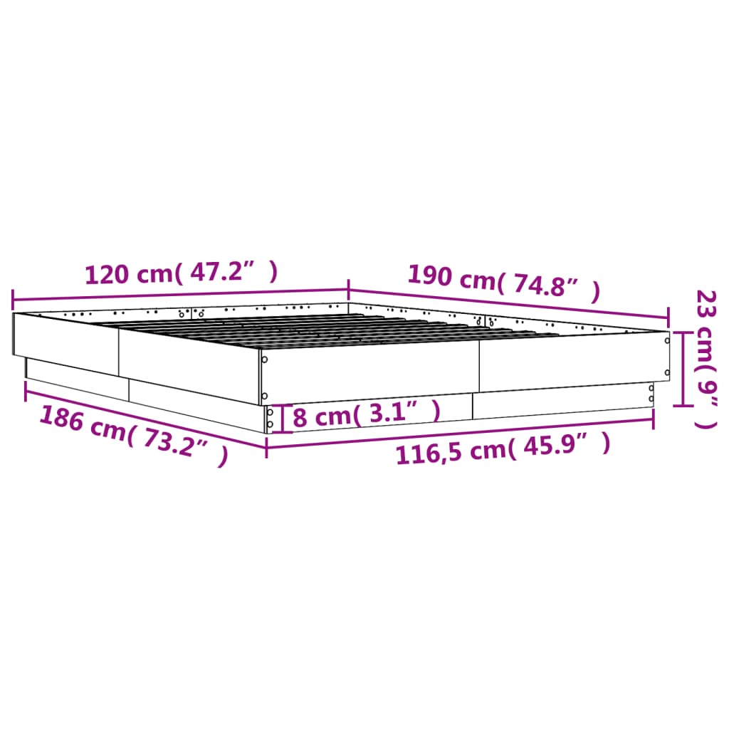 vidaXL betonszürke ágykeret LED-világítással 120x190 cm