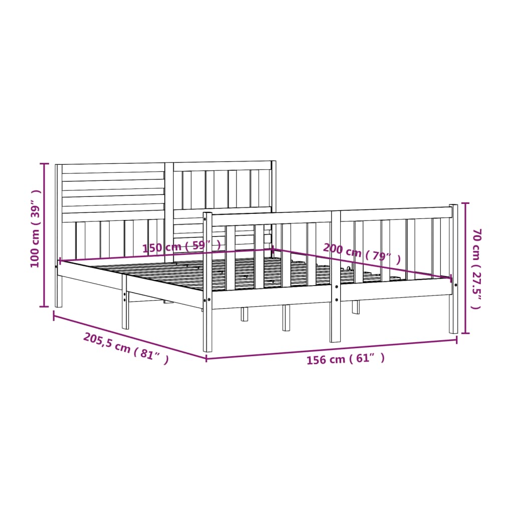 vidaXL fekete tömör fa ágykeret 150 x 200 cm (King Size)