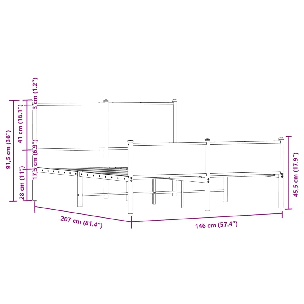 vidaXL barna tölgy színű fém ágykeret fej- és lábtámlával 140 x 200 cm