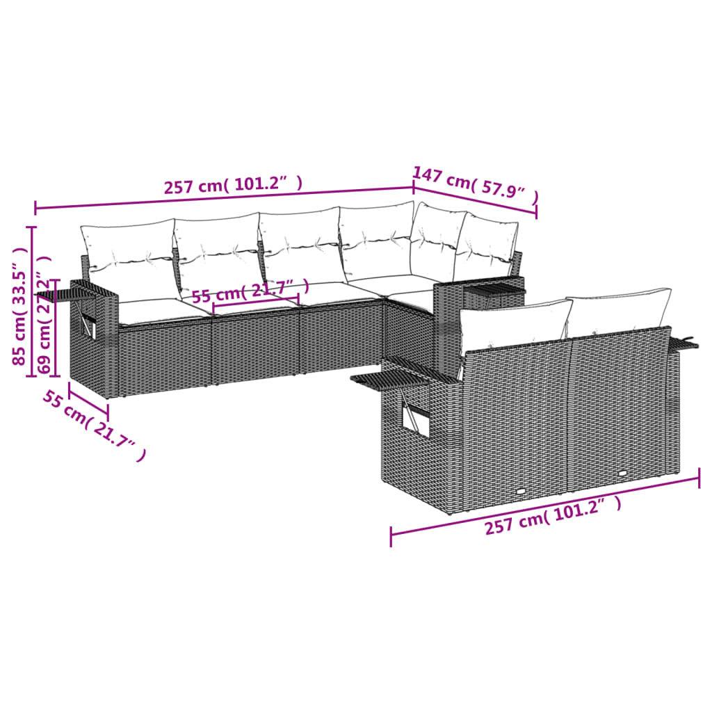 vidaXL 7 részes világosszürke polyrattan kerti ülőgarnitúra párnákkal