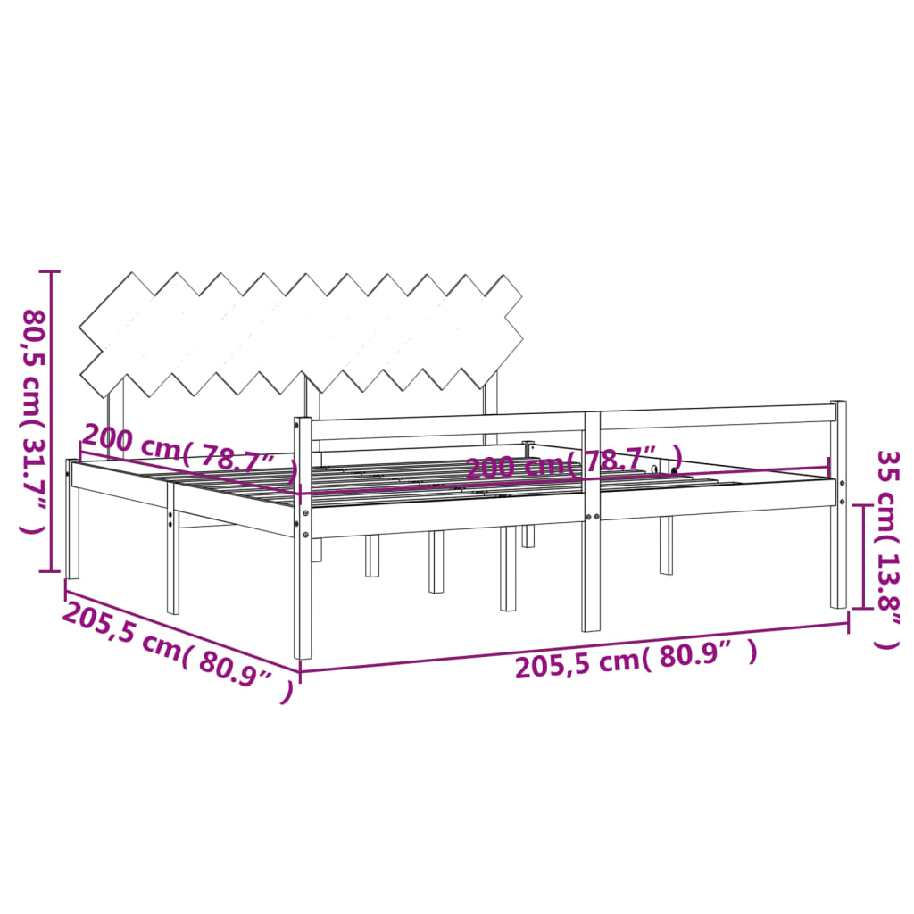 vidaXL fekete tömör fa ágy időseknek fejtámlával 200x200 cm