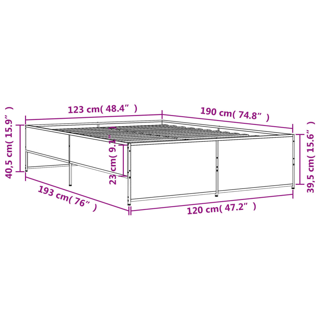 vidaXL füstös tölgy színű szerelt fa és fém ágykeret 120 x 190 cm