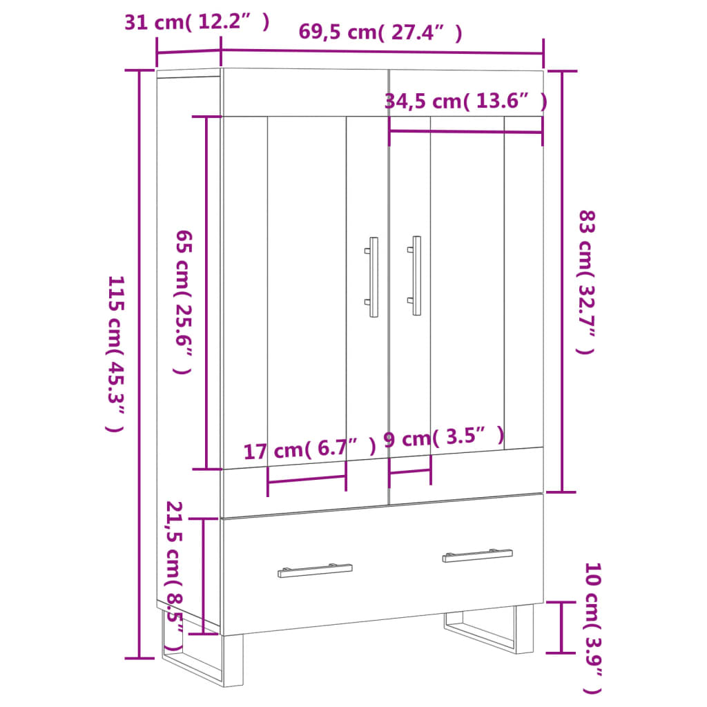 vidaXL betonszürke szerelt fa magasszekrény 69,5 x 31 x 115 cm