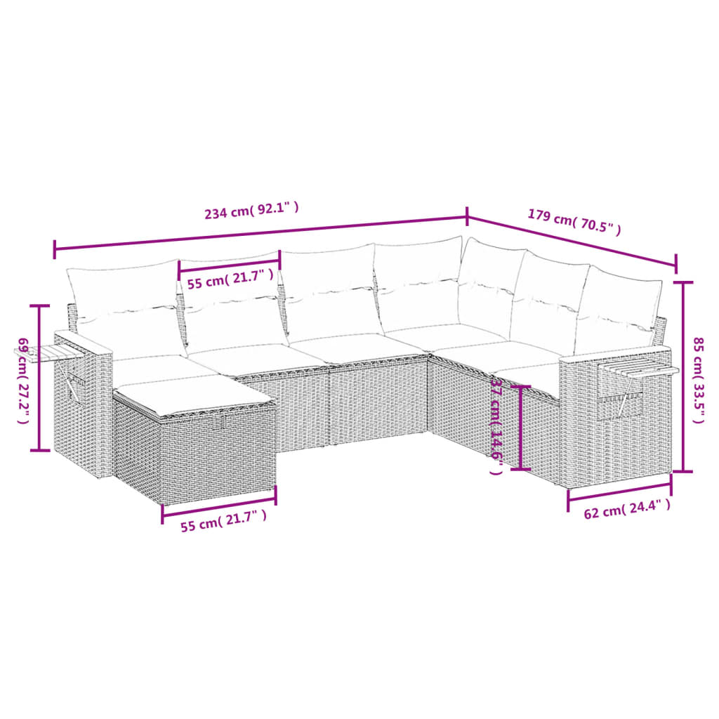 vidaXL 7 részes szürke polyrattan kerti ülőgarnitúra párnákkal