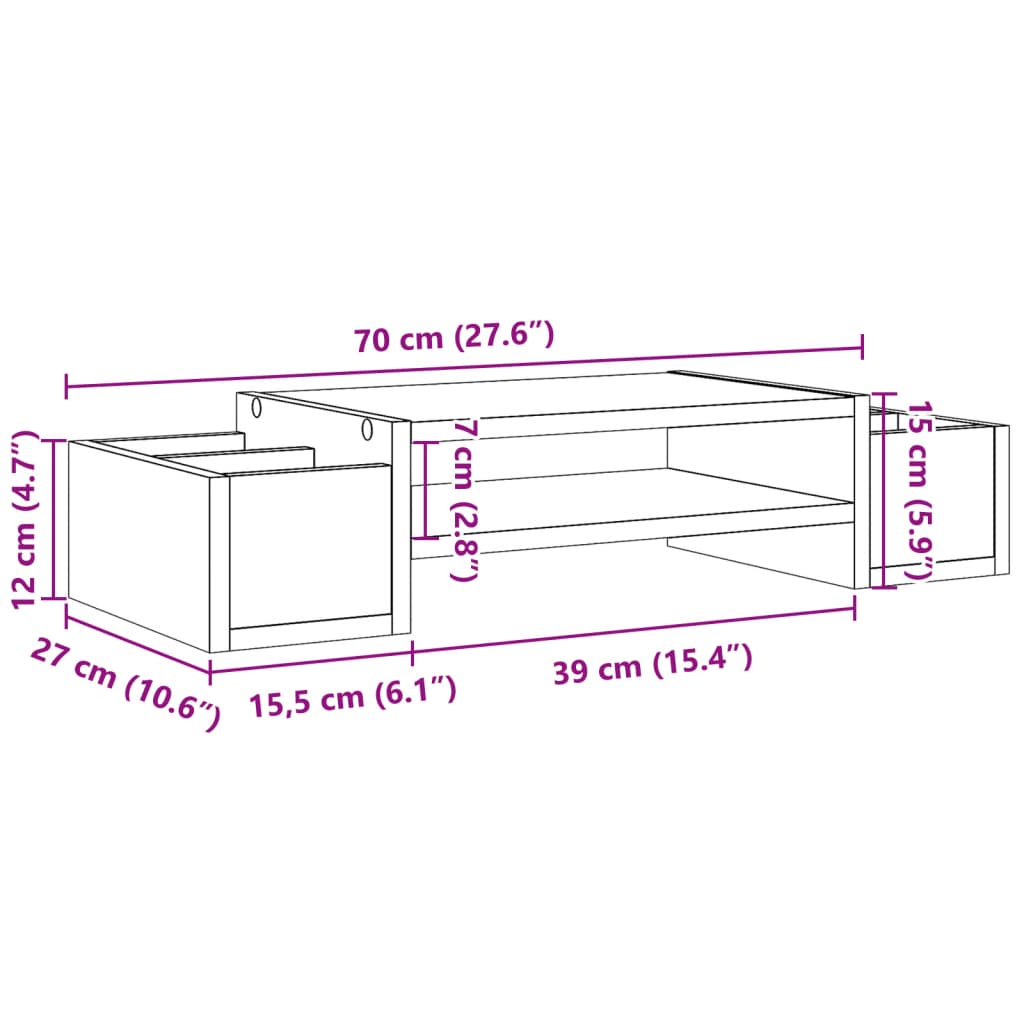 vidaXL füstös tölgy szerelt fa monitorállvány tárolóval 70x27x15 cm