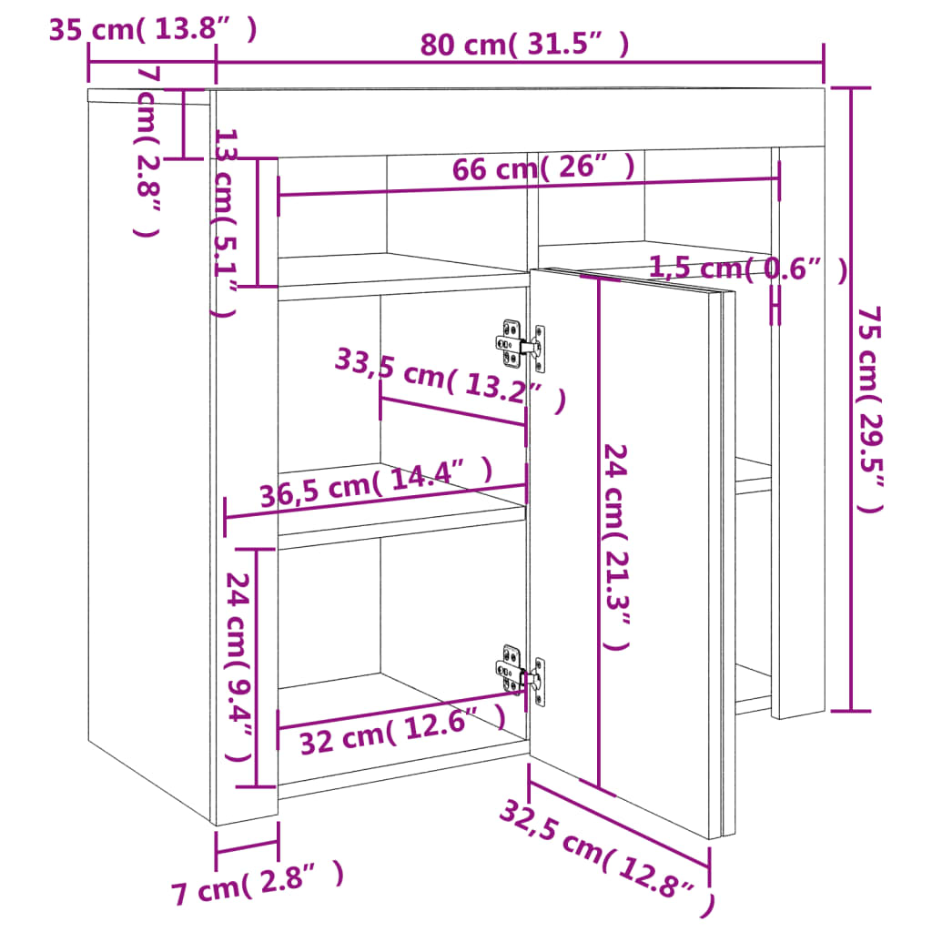 vidaXL füstös tölgy színű tálalószekrény LED-ekkel 80 x 35 x 75 cm