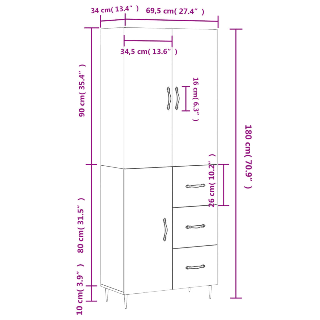 vidaXL magasfényű fehér szerelt fa magasszekrény 69,5 x 34 x 180 cm