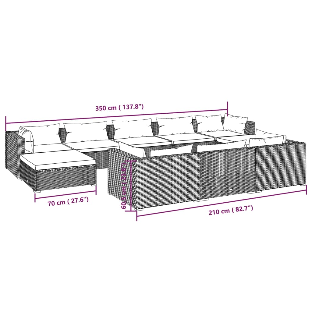 vidaXL 10 részes fekete polyrattan kerti ülőgarnitúra párnákkal