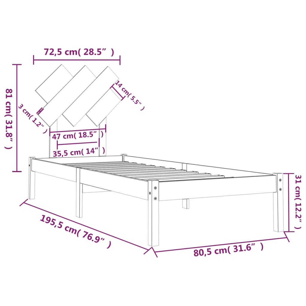 vidaXL tömör fa ágykeret 75 x 190 cm (Small Single)