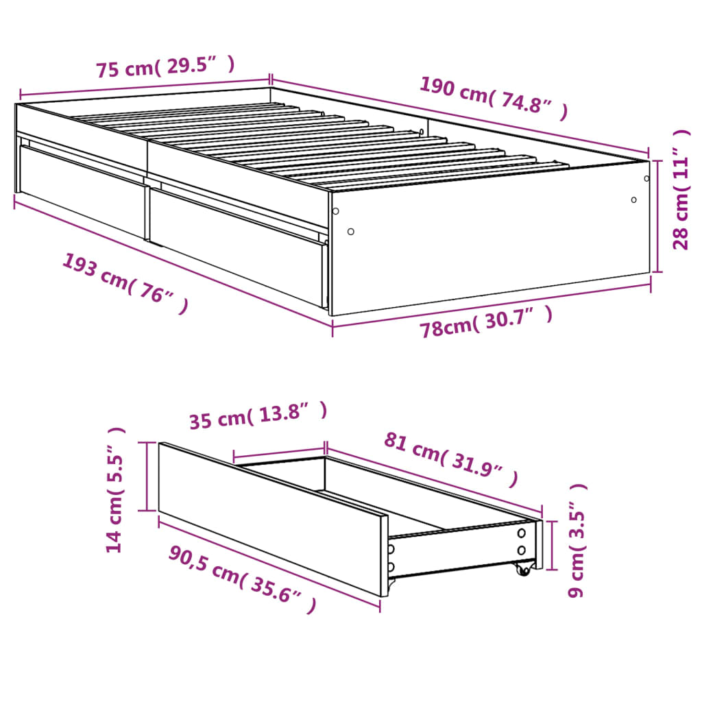 vidaXL fekete szerelt fa ágykeret fiókokkal 75x190 cm