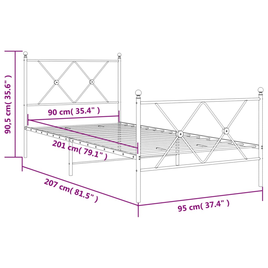 vidaXL fehér fém ágykeret fej- és lábtámlával 90x200 cm