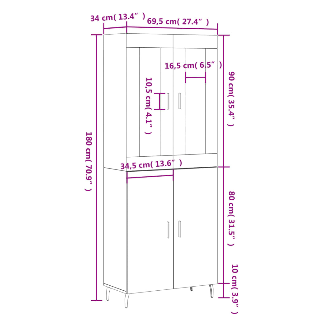 vidaXL fekete szerelt fa magasszekrény 69,5 x 34 x 180 cm