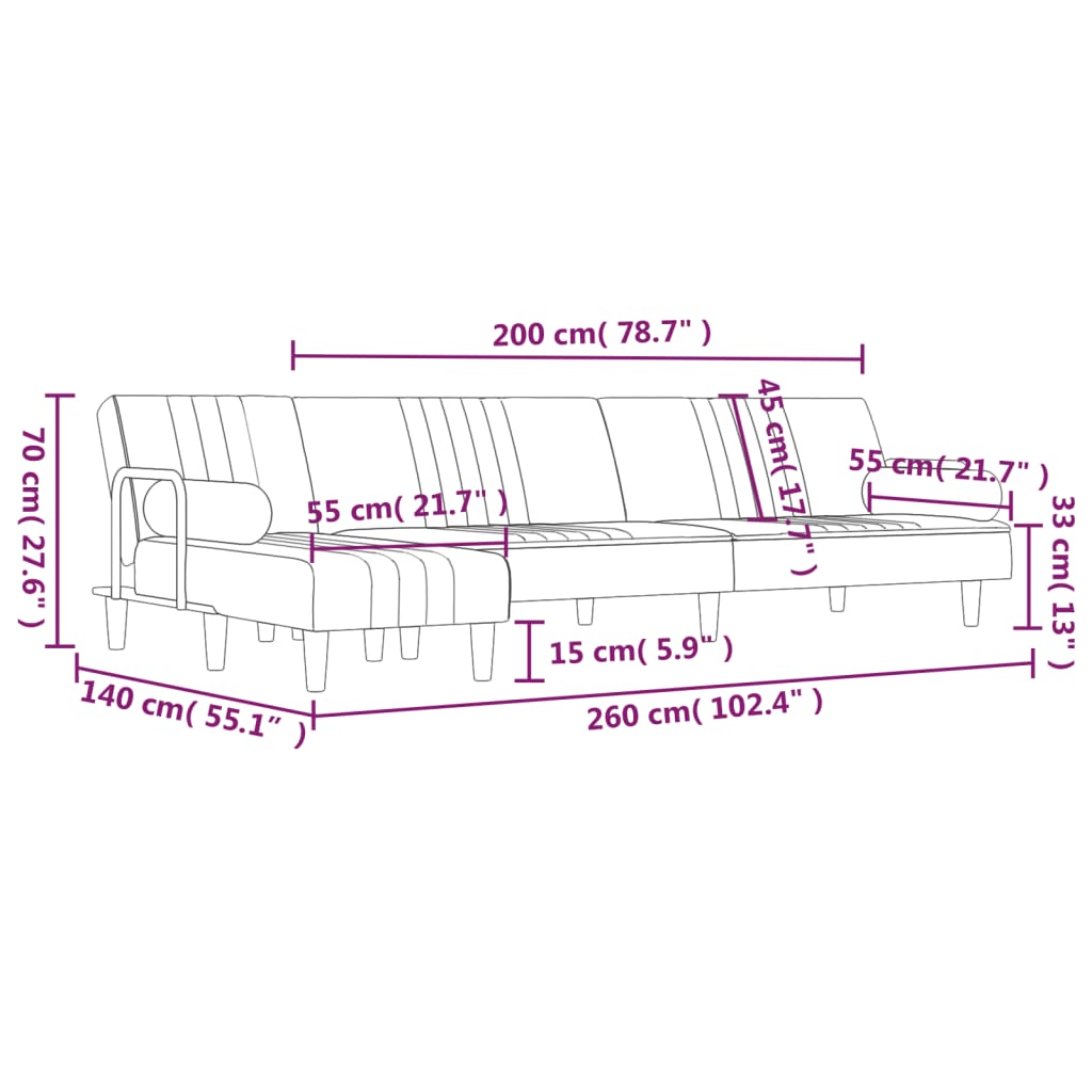 vidaXL világosszürke L-alakú bársony kanapéágy 260x140x70 cm