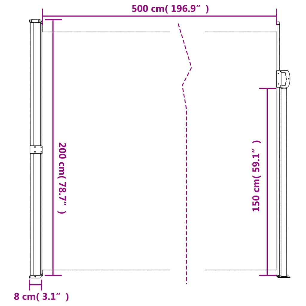 vidaXL fekete behúzható oldalsó napellenző 200 x 500 cm