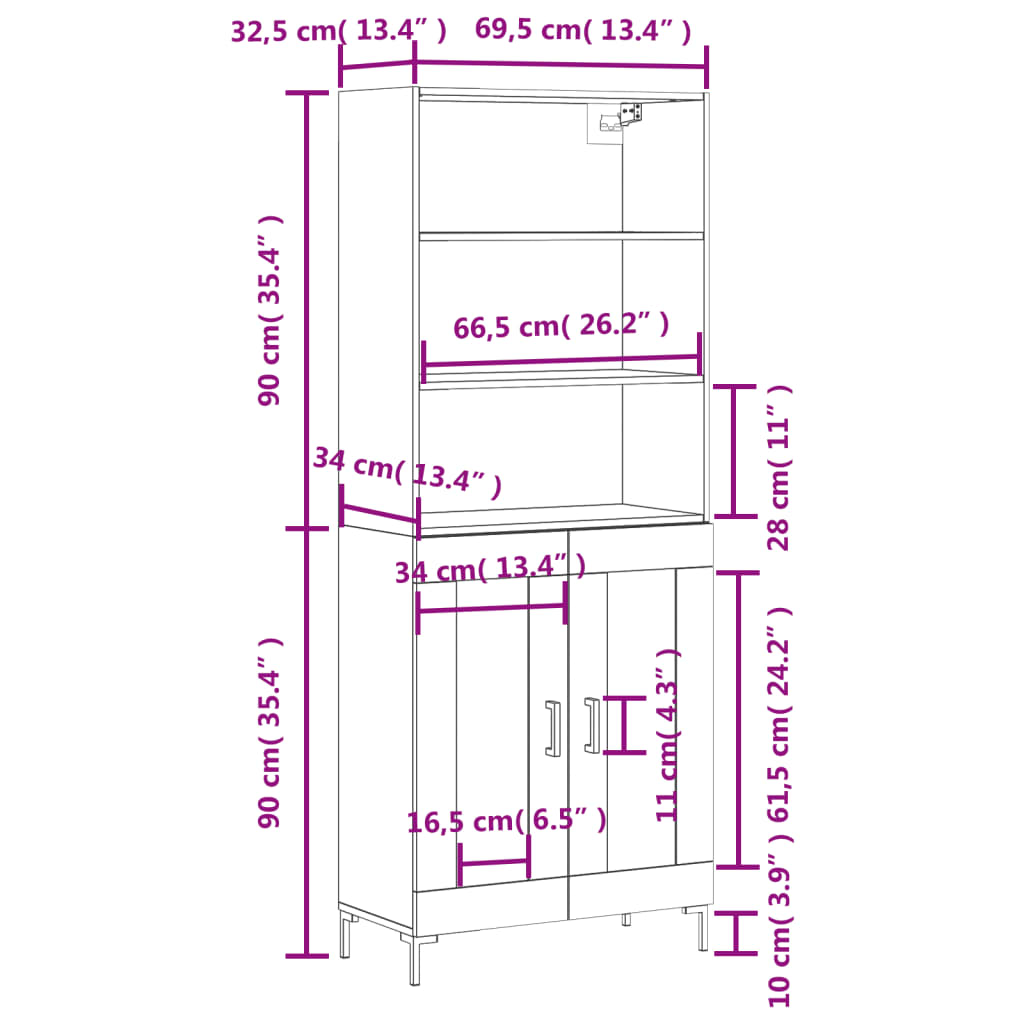 vidaXL füstös tölgy színű szerelt fa magasszekrény 69,5 x 34 x 180 cm