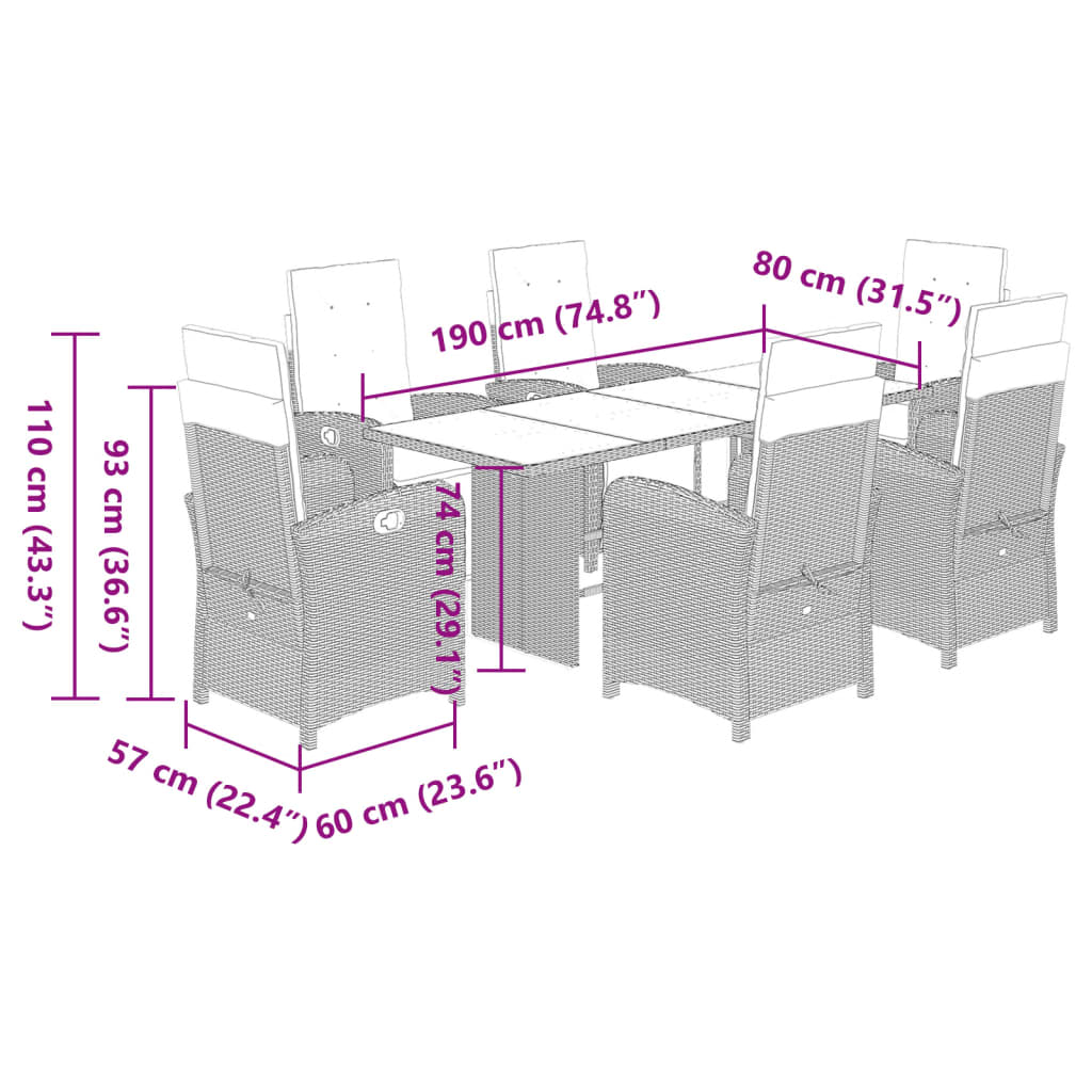 vidaXL 7 részes világosszürke polyrattan kerti étkezőszett párnával