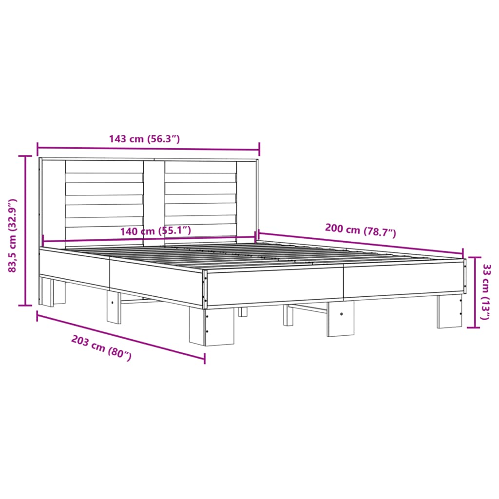 vidaXL barna tölgyszínű szerelt fa és fém ágykeret 140 x 200 cm