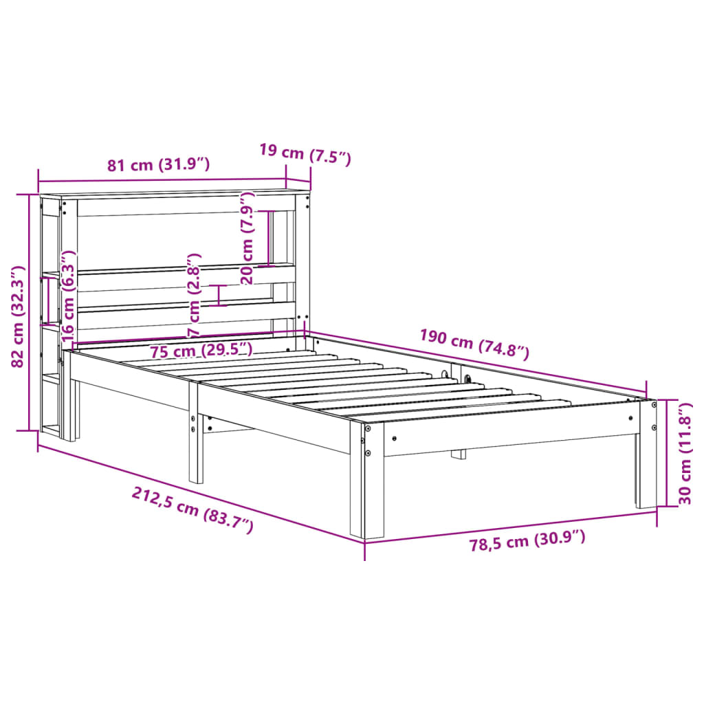 vidaXL fehér tömör fenyőfa ágykeret fejtámlával 75 x 190 cm