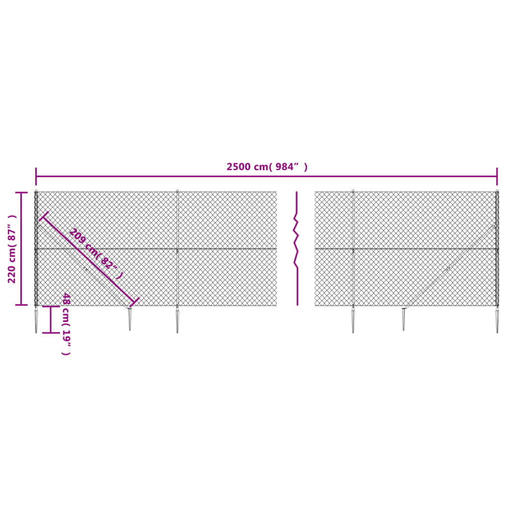 vidaXL ezüstszínű drótkerítés cövekekkel 2,2 x 25 m