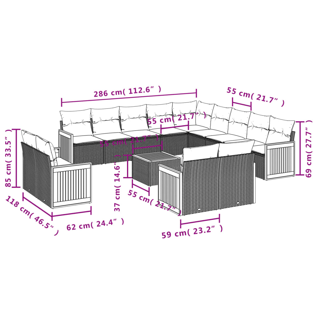 vidaXL 14 részes szürke polyrattan kerti ülőgarnitúra párnákkal