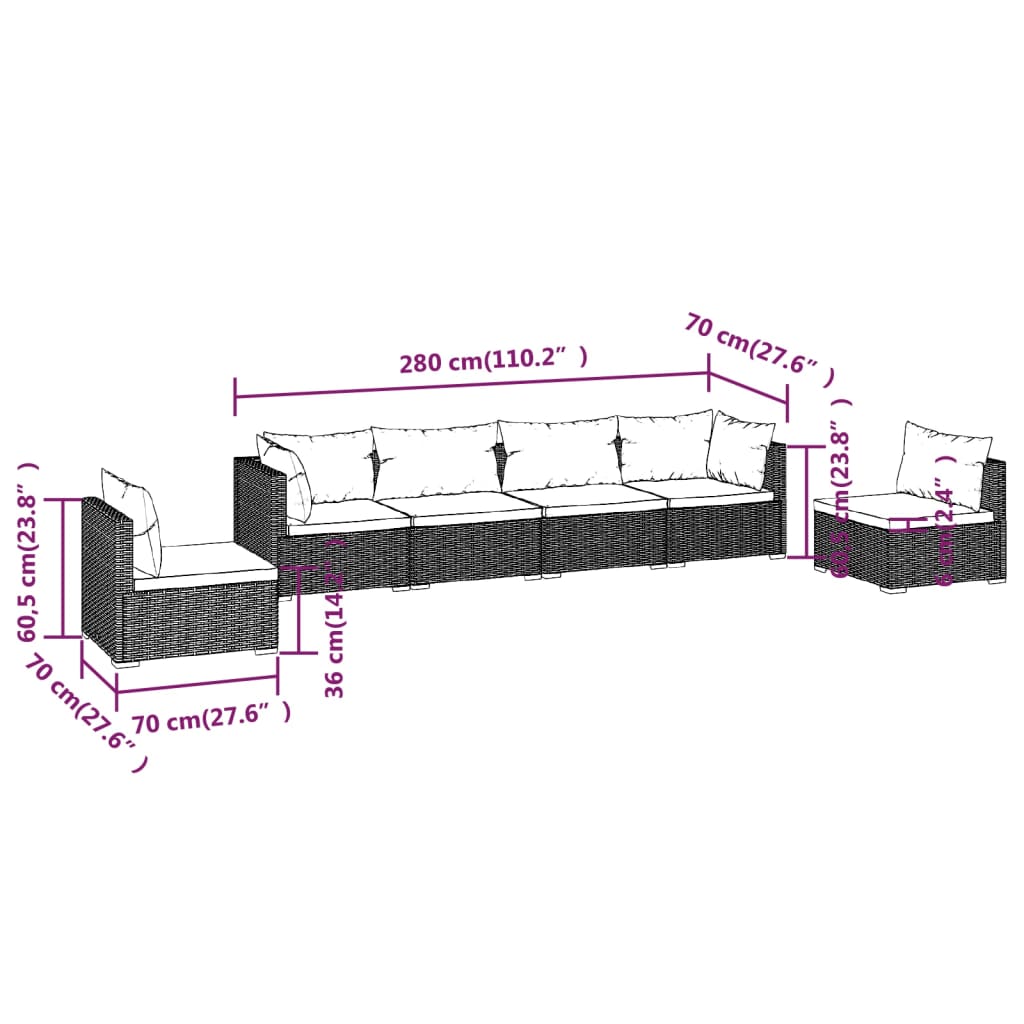 vidaXL 6 részes barna polyrattan kerti ülőgarnitúra párnákkal