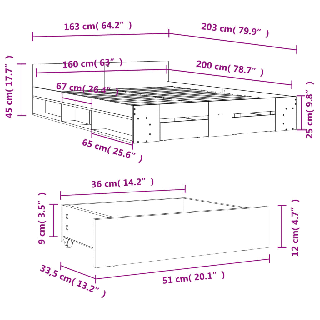 vidaXL fehér szerelt fa ágykeret fiókokkal 160 x 200 cm