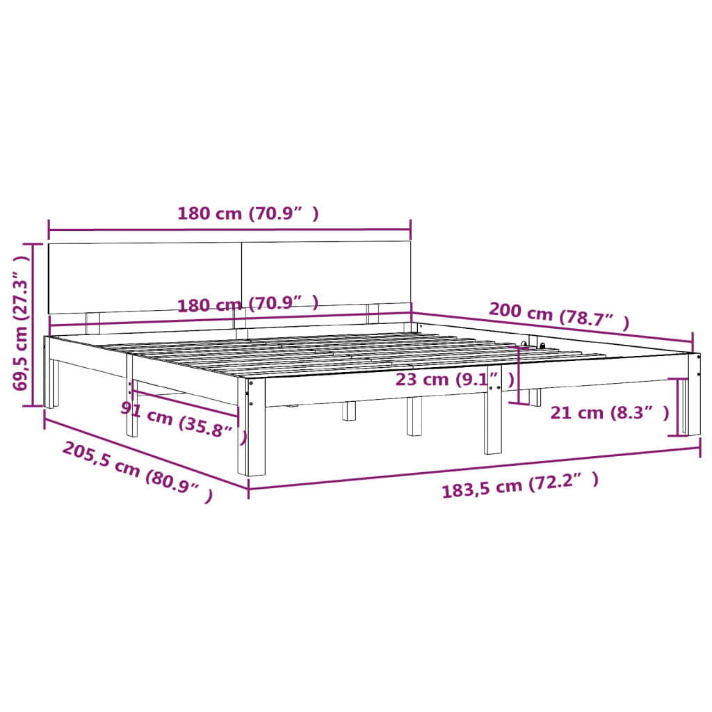 vidaXL Super King fehér tömör fa ágykeret 180 x 200 cm