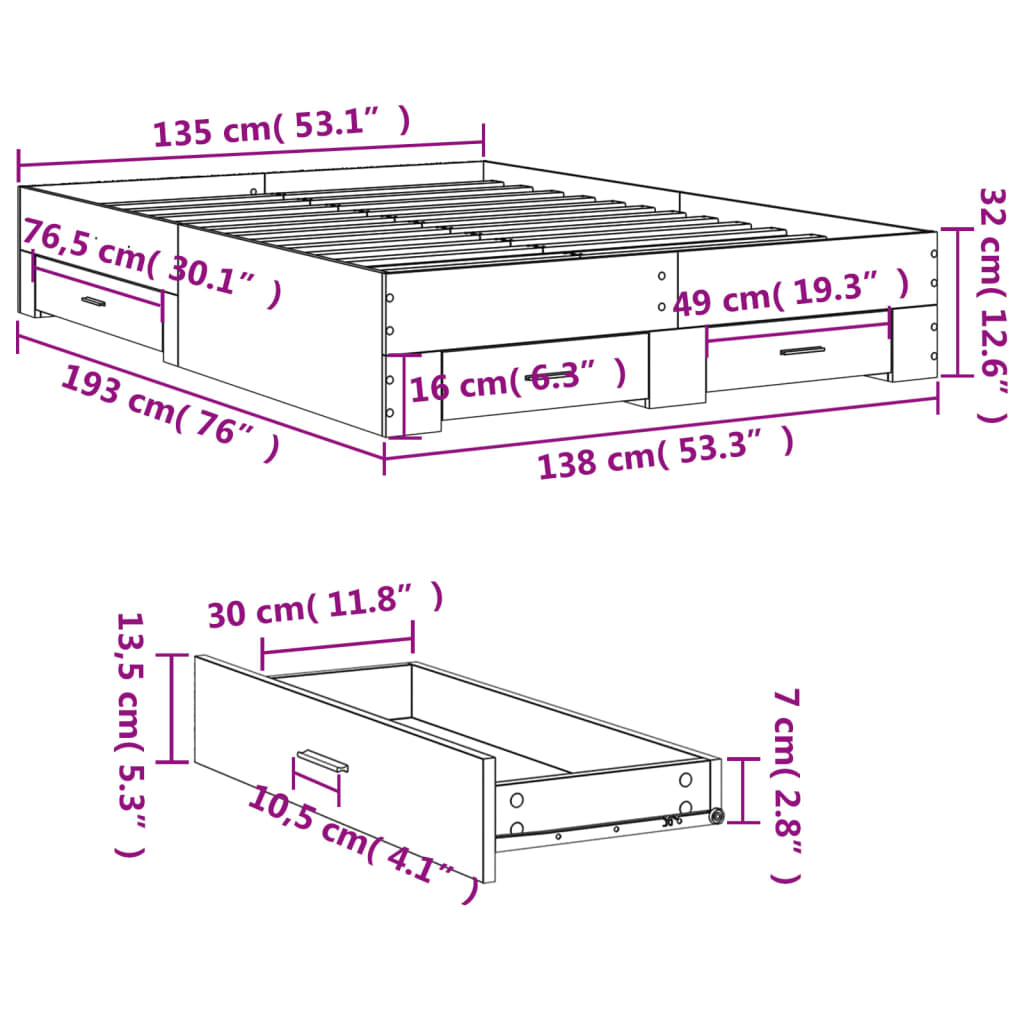 vidaXL fekete szerelt fa ágykeret fiókokkal 135 x 190 cm