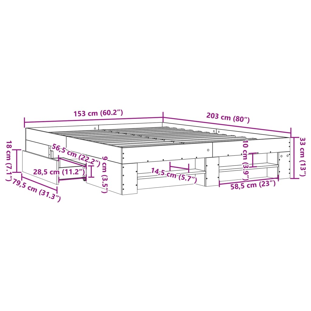 vidaXL sonoma tölgy színű szerelt fa ágykeret matrac nélkül 150x200 cm