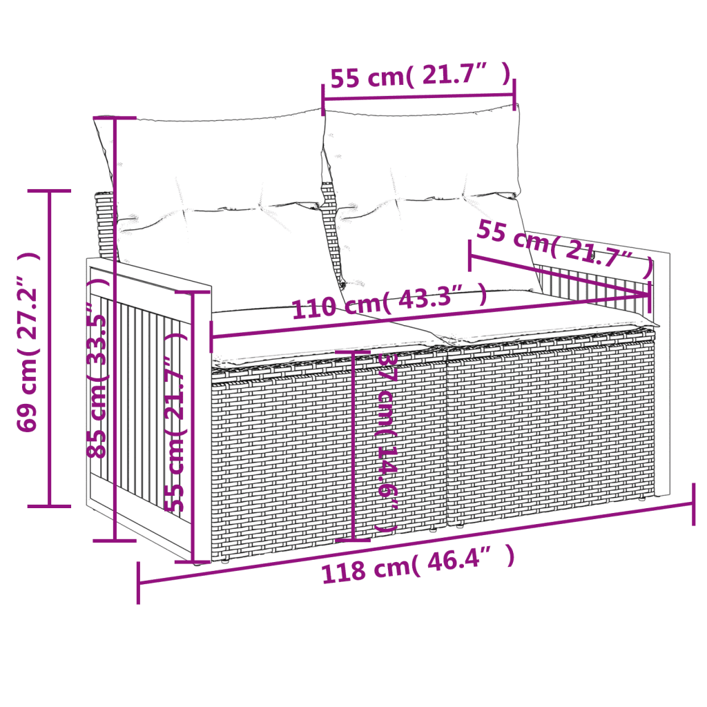 vidaXL 5 részes fekete polyrattan kerti kanapészett párnákkal