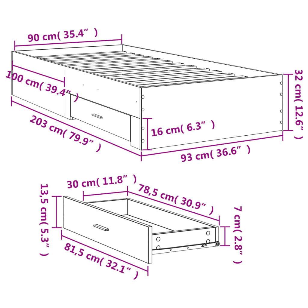 vidaXL sonoma tölgy színű szerelt fa ágykeret 90 x 200 cm