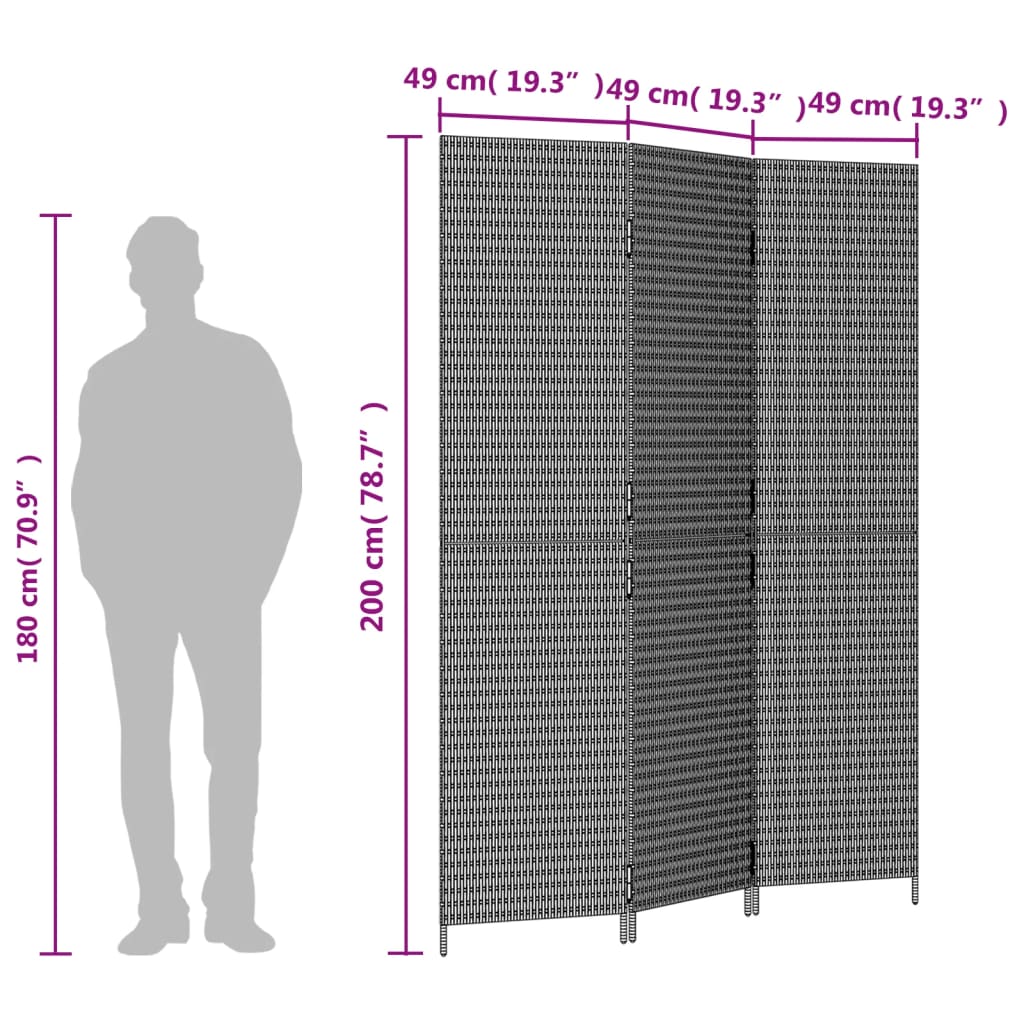 vidaXL szürke 3-paneles polyrattan térelválasztó