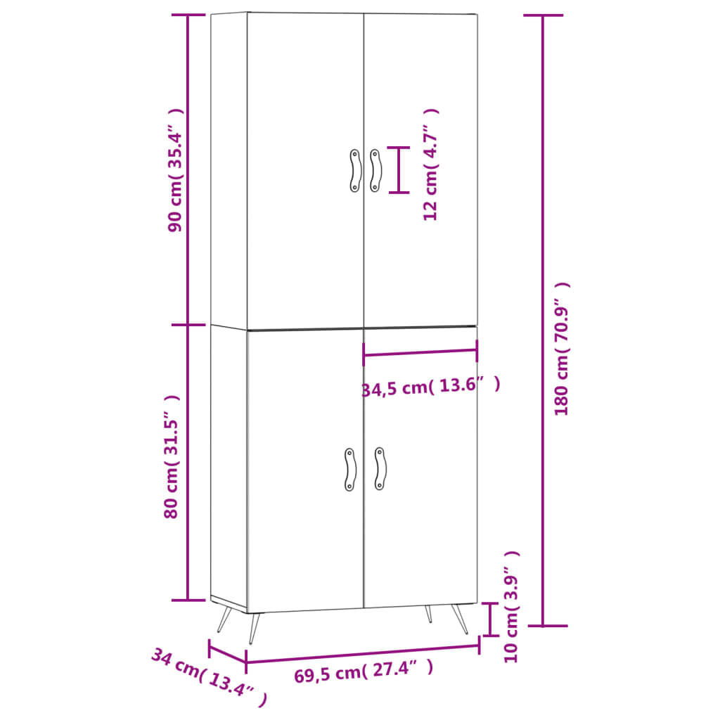 vidaXL betonszürke szerelt fa magasszekrény 69,5 x 34 x 180 cm