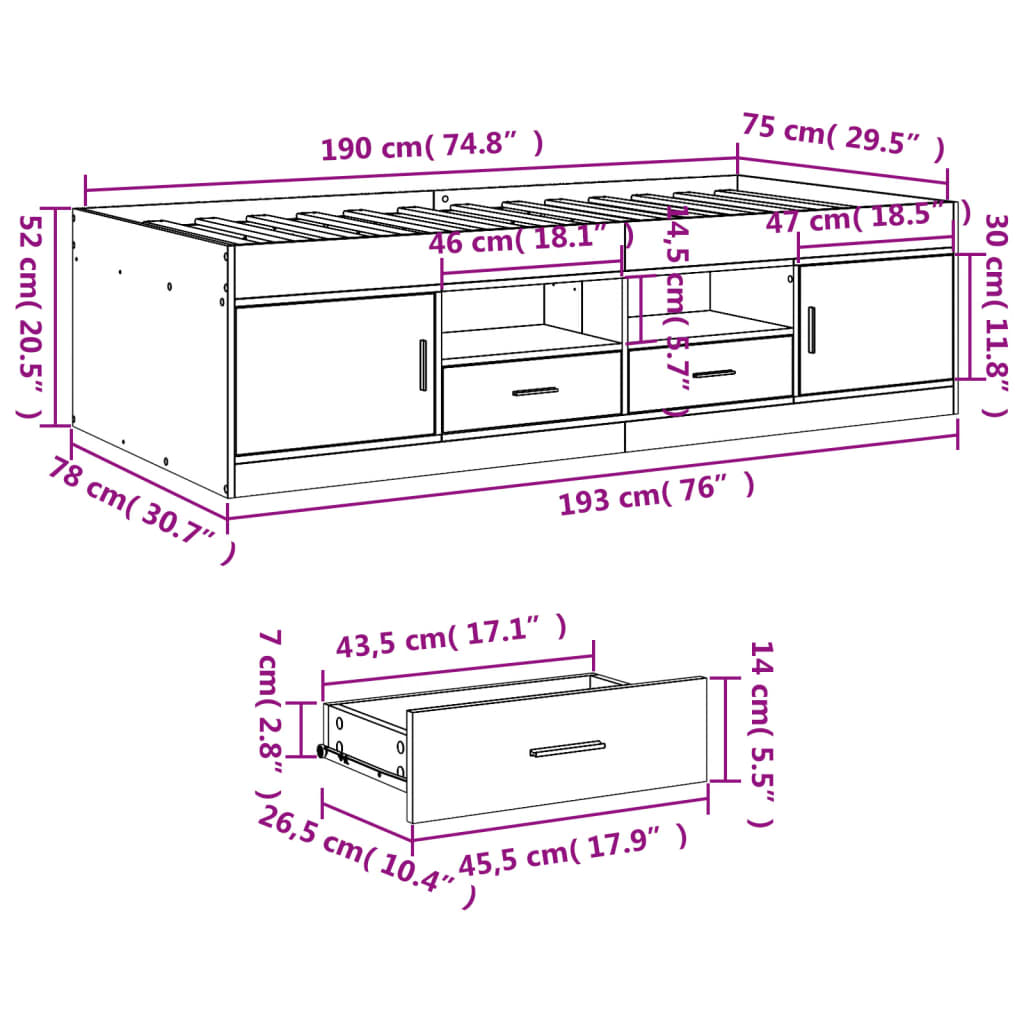 vidaXL füstös tölgy kanapéágy fiókkal matrac nélkül 75x190 cm