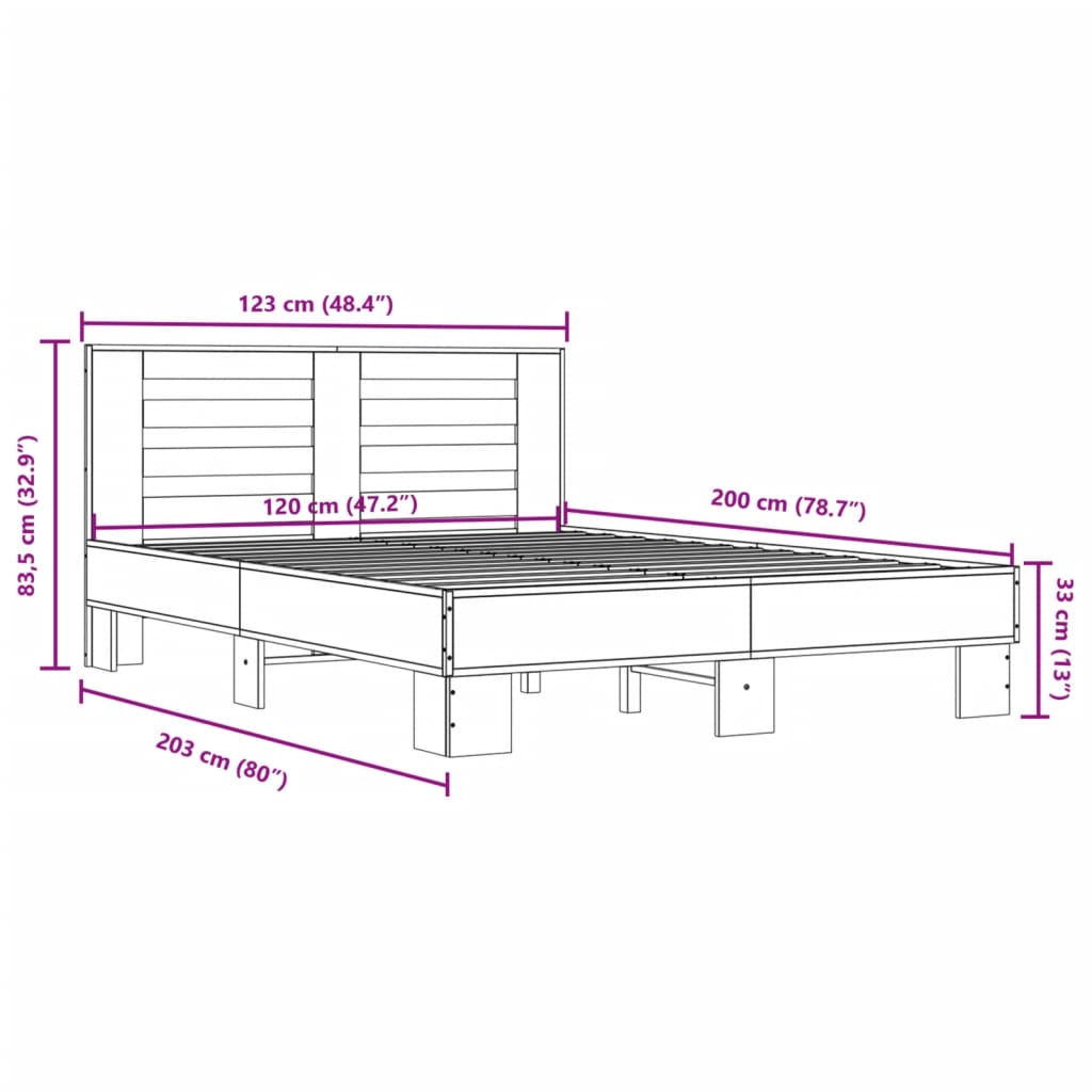 vidaXL szürke sonoma szerelt fa és fém ágykeret 120 x 200 cm