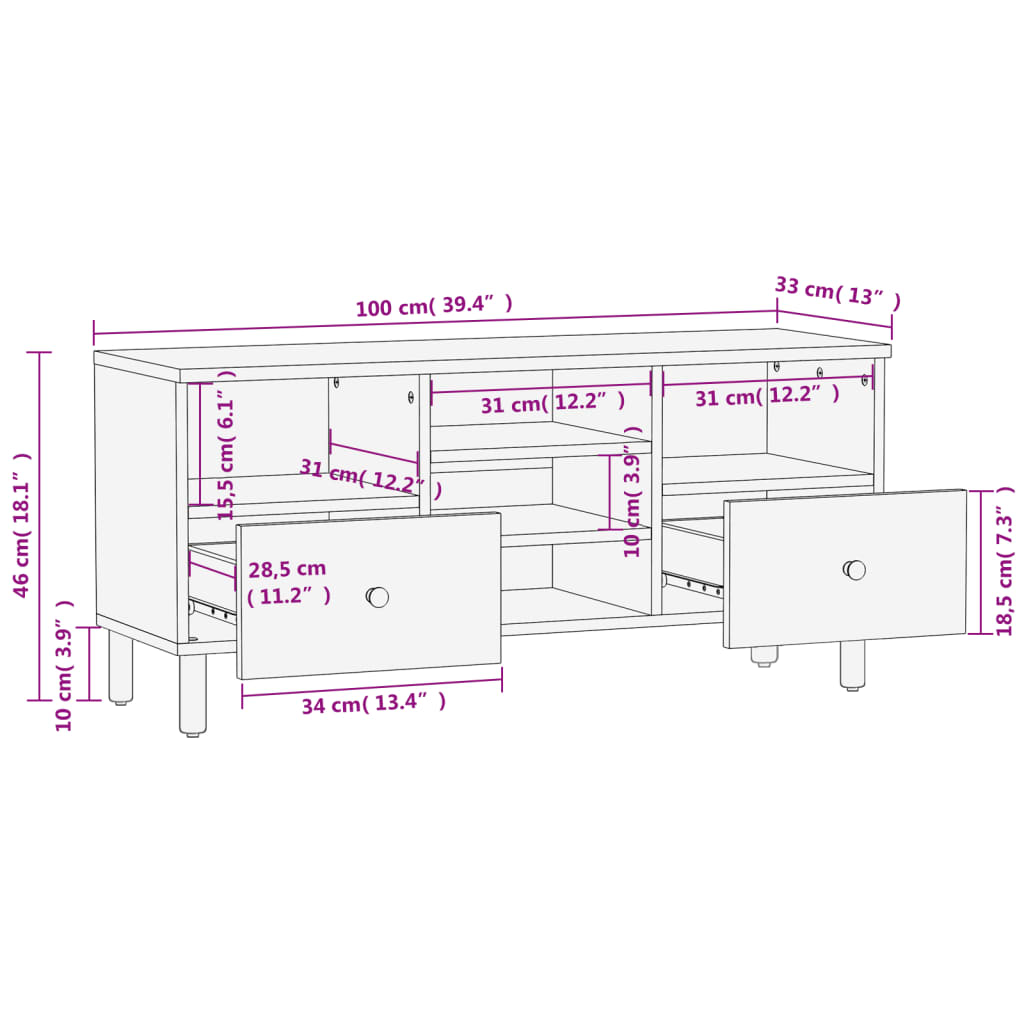 vidaXL fekete tömör mangófa TV-szekrény 100 x 33 x 46 cm