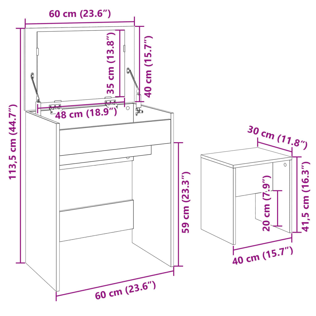 vidaXL betonszürke fésülködőasztal és ülőke 60 x 40 x 113,5 cm