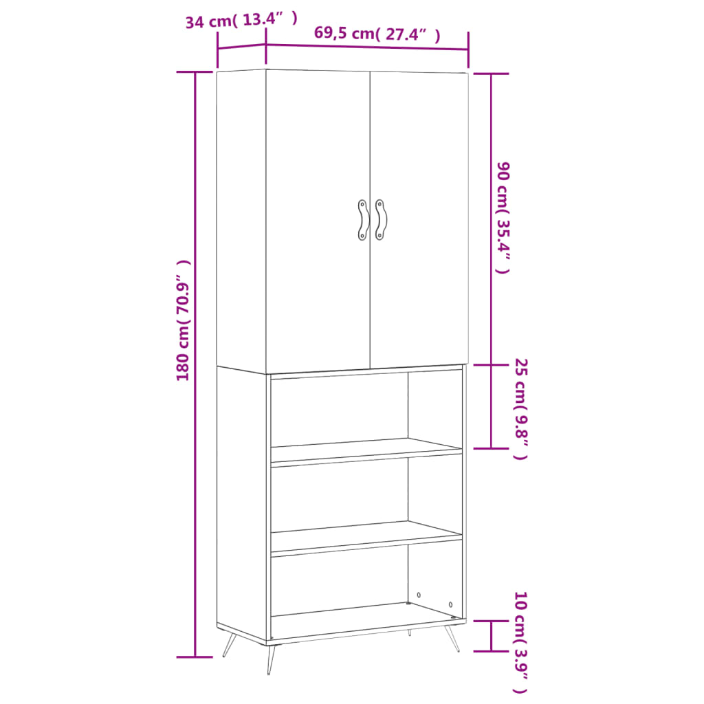 vidaXL betonszürke szerelt fa magasszekrény 69,5 x 34 x 180 cm