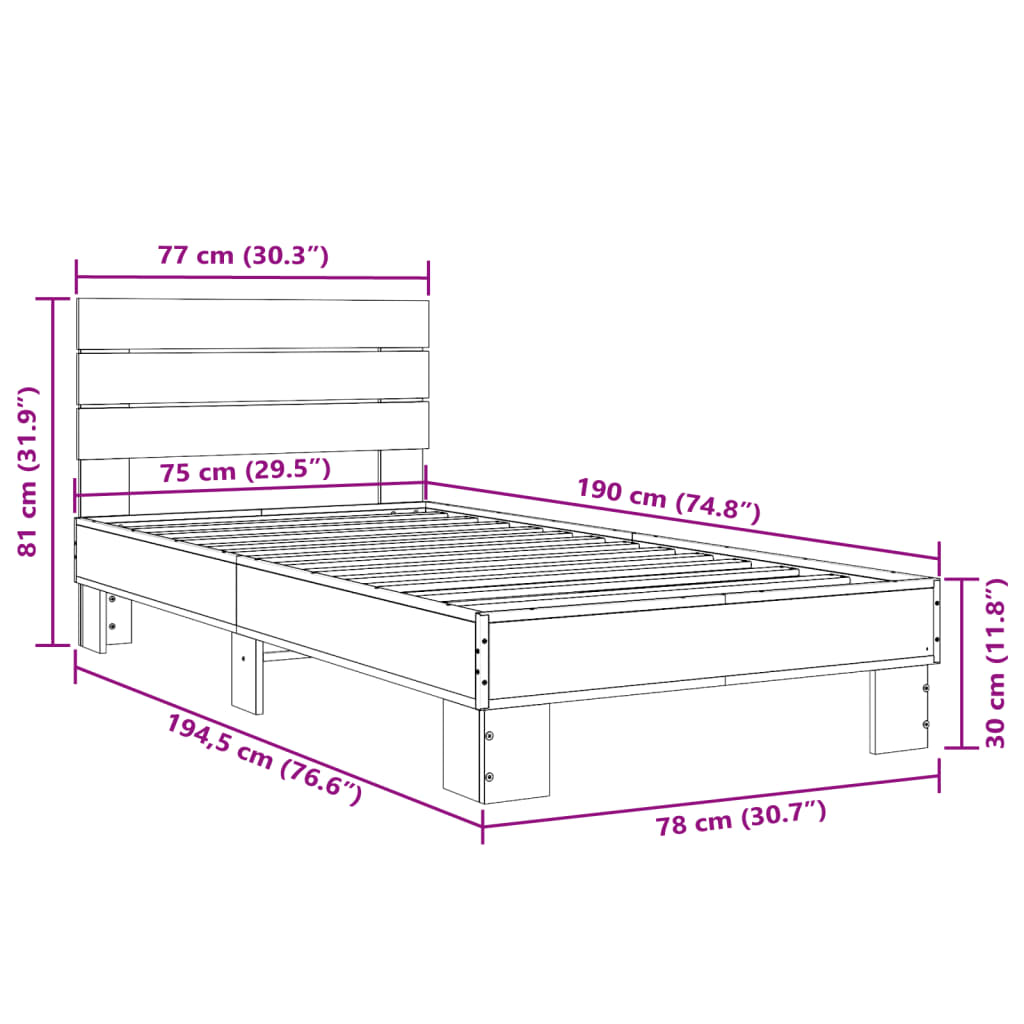 vidaXL fekete szerelt fa és fém ágykeret 75 x 190 cm