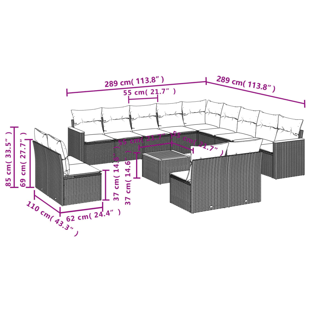 vidaXL 14 részes szürke polyrattan kerti ülőgarnitúra párnákkal